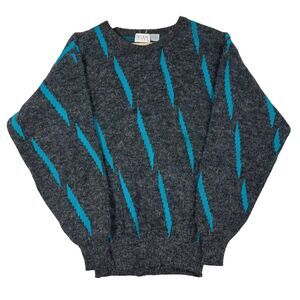 Vintage 80's Nicolas Allen Mens Sweater Gray w/Aqua Crew Neck Grandpa Dad Sz L